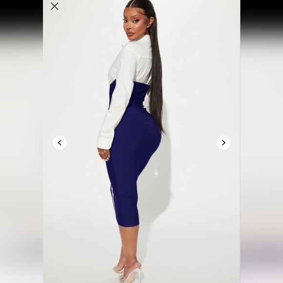 Fashion Nova Let's Get Serious Midi Shirt Dress - Navy/combo Size Large (NWT) - Picture 9 of 16